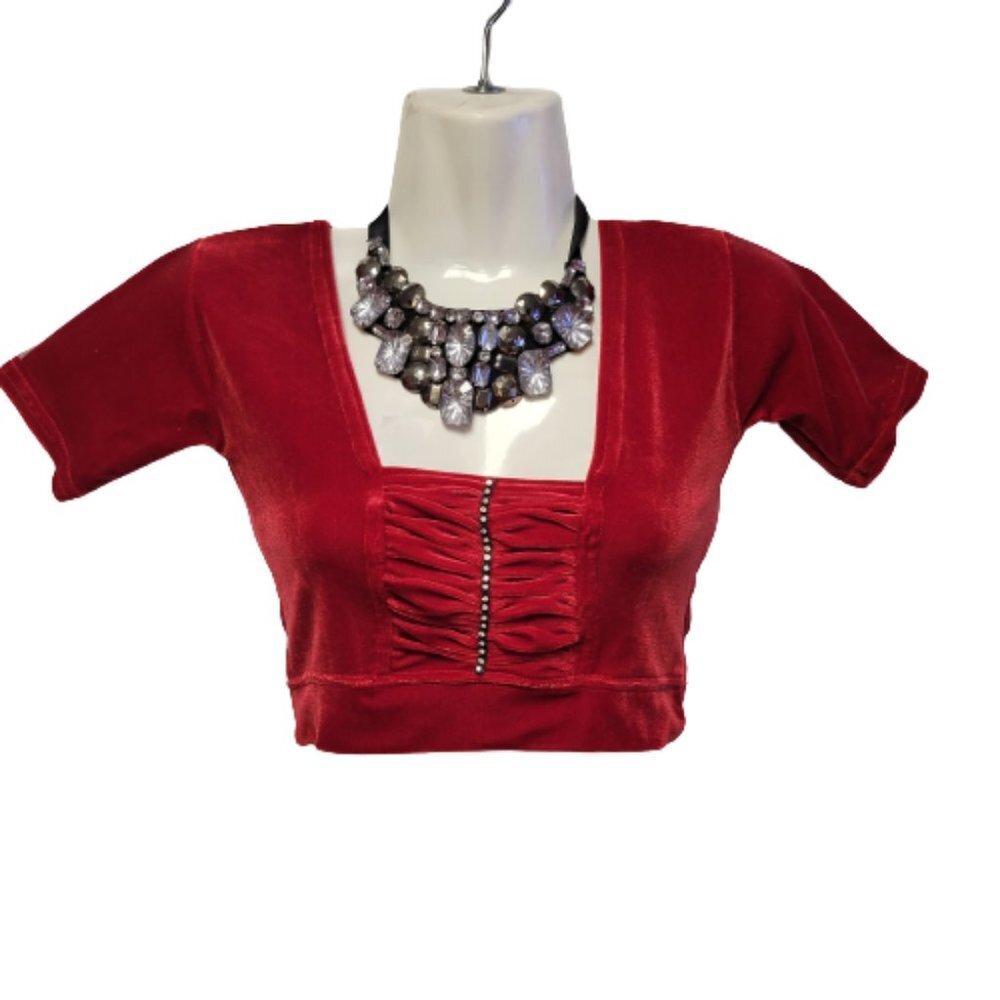 Red Velvet Crop Top Short Sleeve for Petite Women, Teens - XS/S